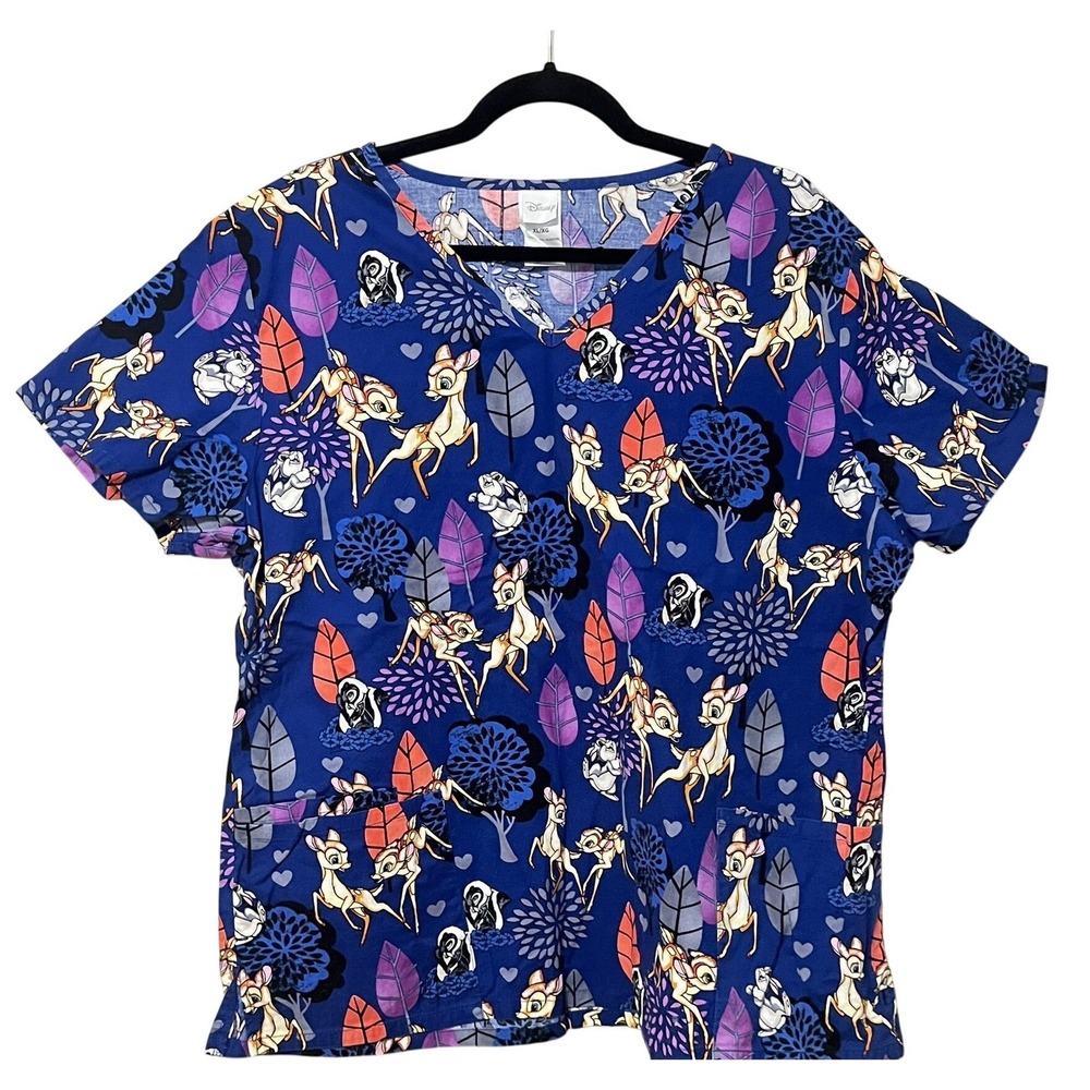 Disney Bambi Scrub Blue Top XL Nurse V-Neck 3 Pocket